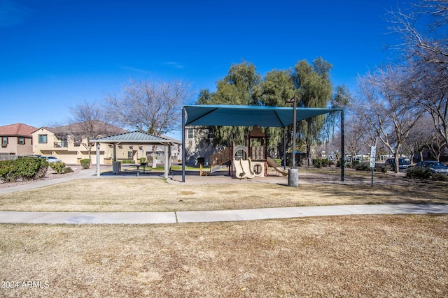 view of jungle gym featuring a gazebo and a yard