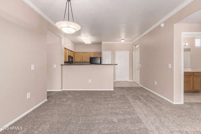 unfurnished living room with light colored carpet, ornamental molding, and baseboards