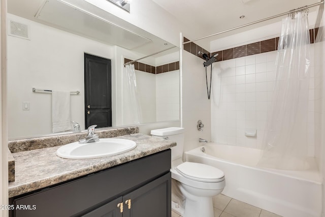 full bathroom with toilet, vanity, tile patterned floors, and shower / tub combo with curtain