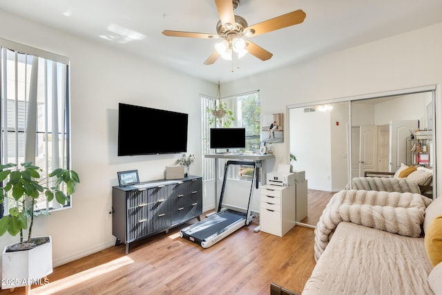 workout area with ceiling fan, light hardwood / wood-style flooring, and a healthy amount of sunlight