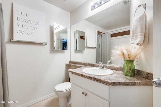 bathroom featuring vanity, toilet, tile patterned floors, and a shower with shower curtain