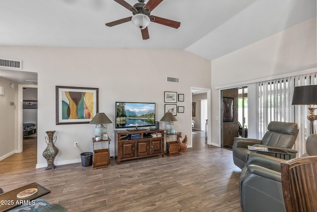 living room with wood finished floors, baseboards, a ceiling fan, and visible vents