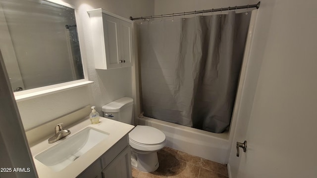 full bathroom featuring toilet, vanity, tile patterned flooring, and shower / bath combination with curtain