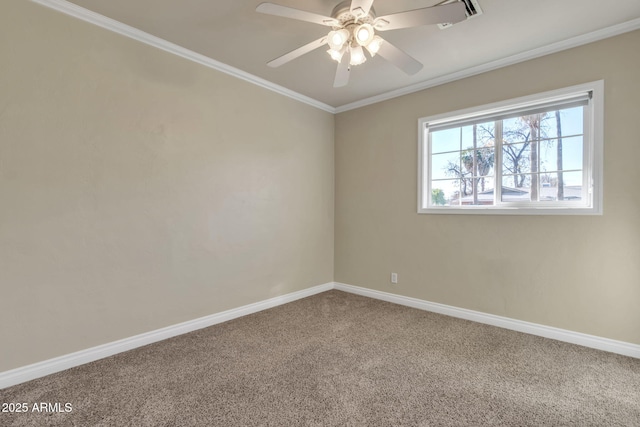 unfurnished room with carpet flooring, ceiling fan, and crown molding