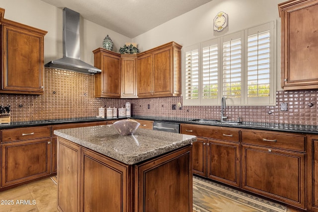 kitchen featuring a sink, black electric cooktop, a center island, wall chimney range hood, and stainless steel dishwasher