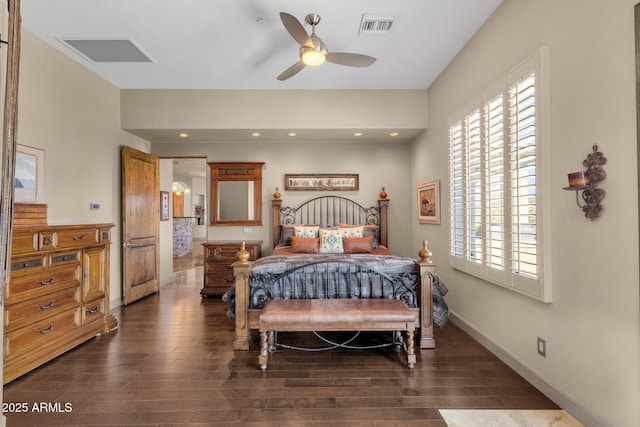 bedroom featuring visible vents, dark wood-style flooring, and recessed lighting