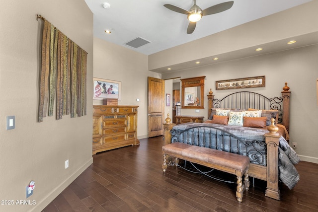 bedroom with recessed lighting, a ceiling fan, visible vents, baseboards, and wood finished floors