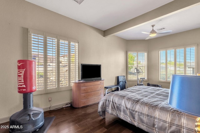 bedroom with visible vents, ceiling fan, dark wood-style floors, and baseboards