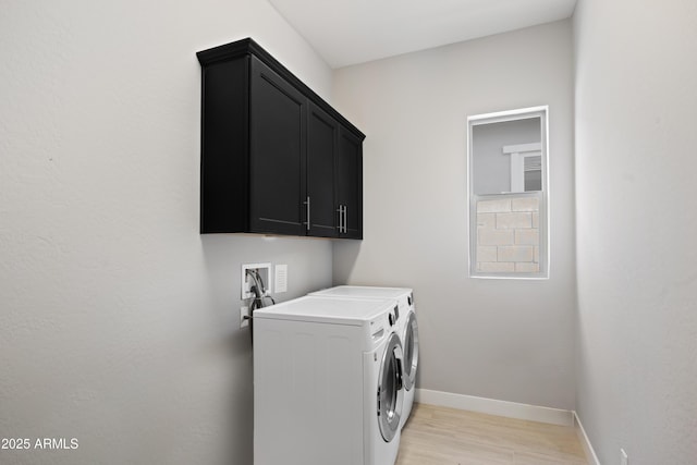 22421 N 34th St, Phoenix, AZ 85050 - clothes washing area with light wood-style flooring, washer and clothes dryer, cabinet space, and baseboards