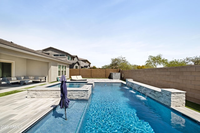 22421 N 34th St, Phoenix, AZ 85050 - view of swimming pool featuring outdoor lounge area, an in ground hot tub, a fenced backyard, and a fenced in pool