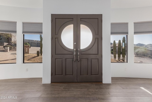 foyer entrance with a mountain view and wood-type flooring