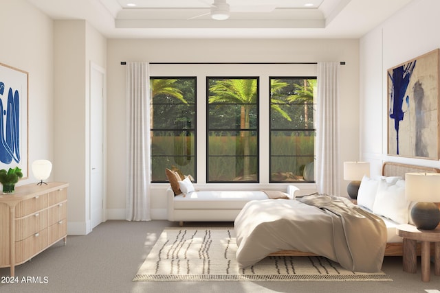 carpeted bedroom featuring a raised ceiling