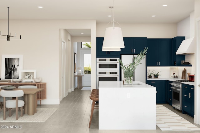 kitchen featuring a center island, hanging light fixtures, fridge, double oven, and stainless steel stove