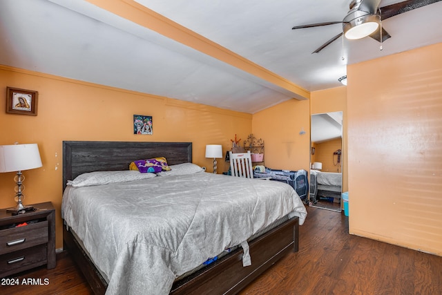 bedroom featuring beam ceiling, ceiling fan, and dark hardwood / wood-style floors