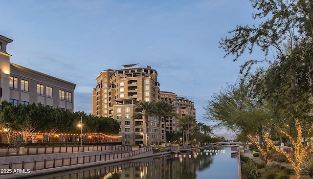 outdoor building at dusk with a water view