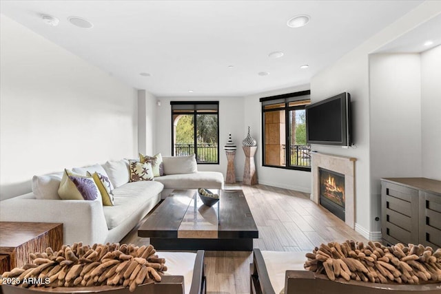 living room with light hardwood / wood-style flooring