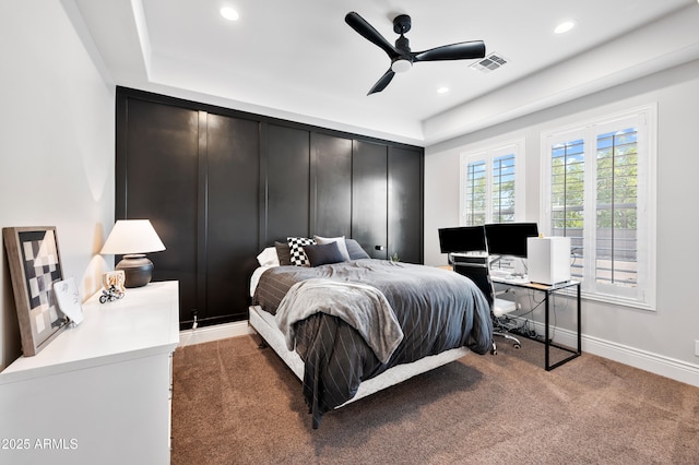 10448 E Glencove St, Mesa, AZ 85207 - bedroom featuring ceiling fan, light carpet, recessed lighting, baseboards, and visible vents