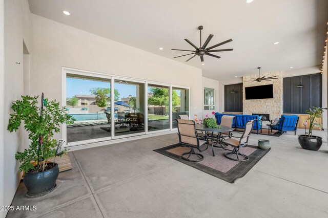 10448 E Glencove St, Mesa, AZ 85207 - view of patio featuring outdoor lounge area, a ceiling fan, and outdoor dining area