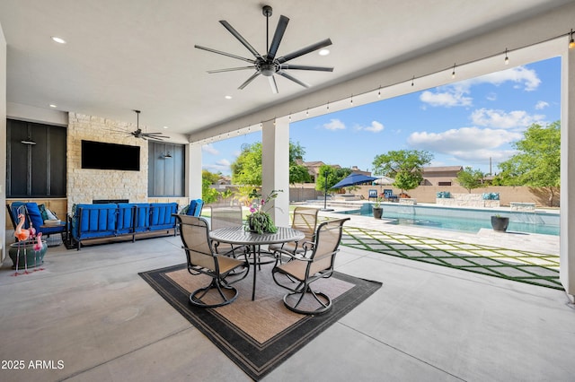 10448 E Glencove St, Mesa, AZ 85207 - view of patio / terrace with fence, ceiling fan, outdoor lounge area, and a fenced in pool