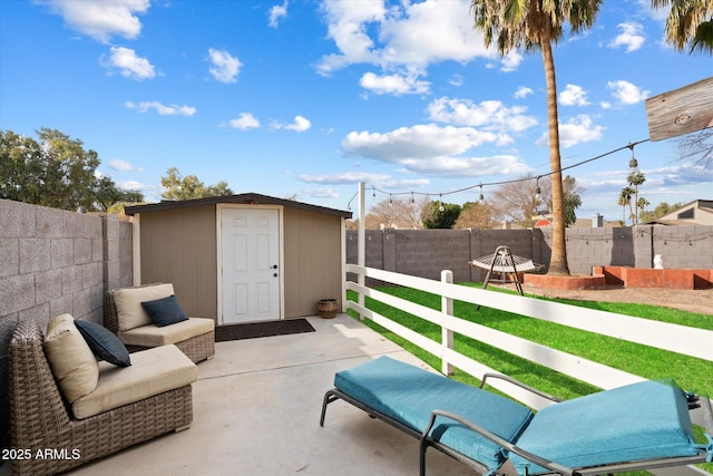 view of patio / terrace with a storage unit