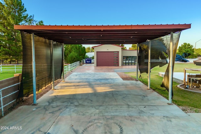 exterior space with a lawn and a garage