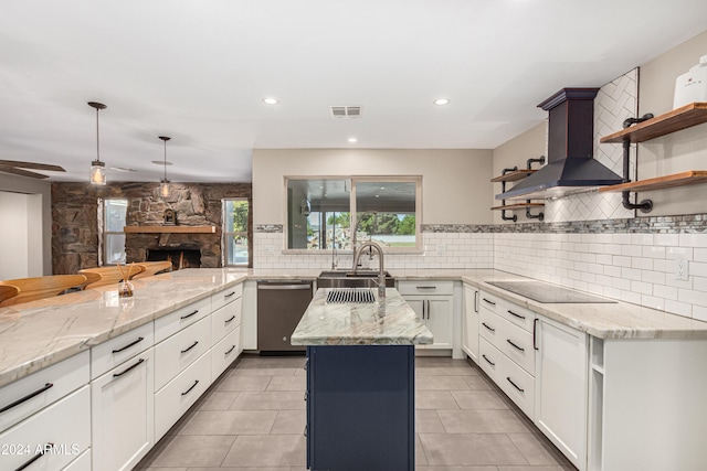 kitchen with white cabinetry, dishwasher, sink, black electric cooktop, and a kitchen island