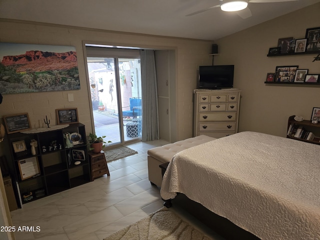 bedroom featuring lofted ceiling, access to exterior, marble finish floor, and a ceiling fan