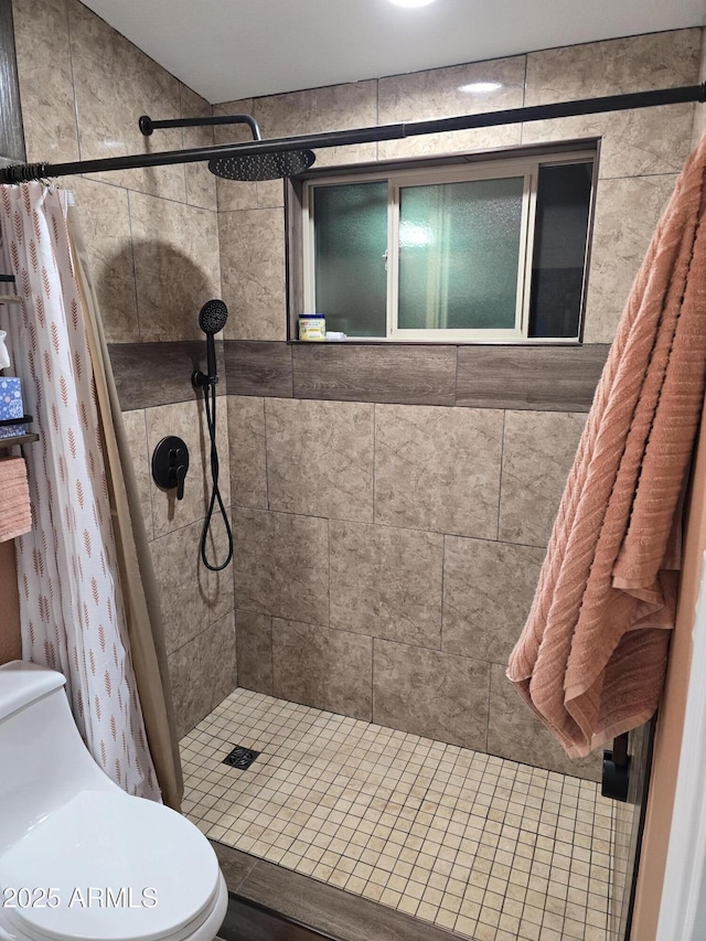 bathroom with toilet and a stall shower