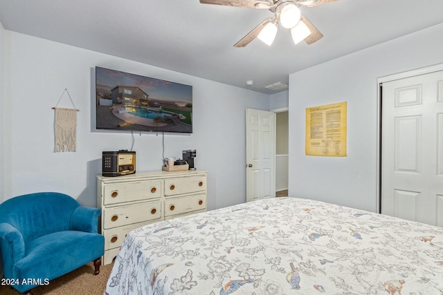 carpeted bedroom featuring ceiling fan