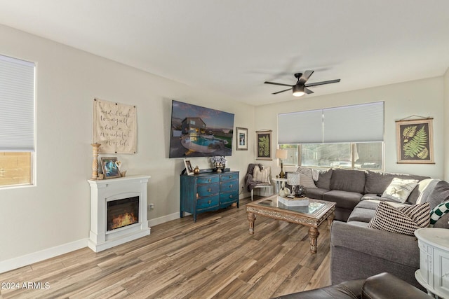 living room featuring light hardwood / wood-style floors and ceiling fan