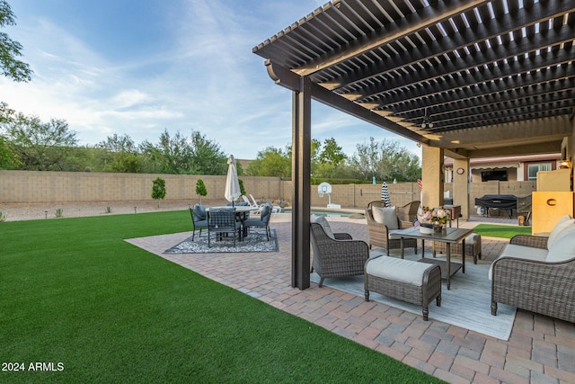 view of patio with a pergola and an outdoor hangout area