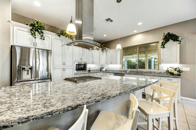 210 E Bergamot Ln, Queen Creek, AZ 85140 - kitchen featuring stainless steel appliances, island exhaust hood, white cabinetry, a sink, and recessed lighting