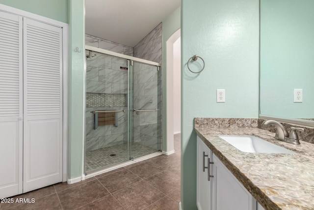 385 E Ironwood Dr, Chandler, AZ 85225 - full bath featuring a stall shower, tile patterned flooring, vanity, a closet, and baseboards