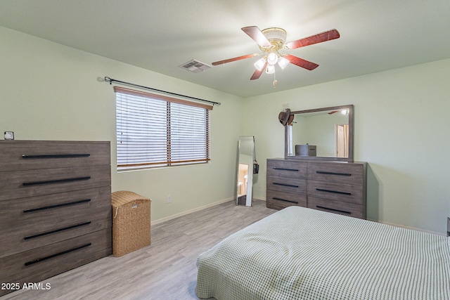 bedroom featuring ceiling fan and light wood-type flooring