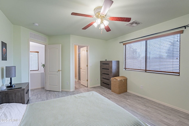 bedroom featuring ceiling fan and light wood-type flooring