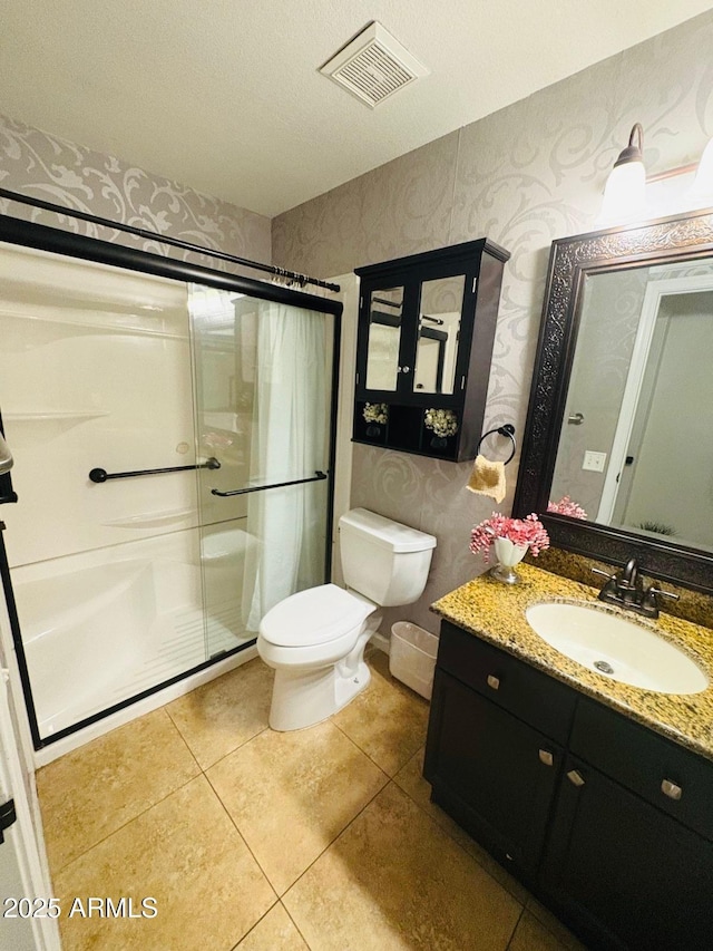 1853 N Rowen Cir, Mesa, AZ 85207 - full bathroom featuring wallpapered walls, a shower stall, vanity, and tile patterned flooring