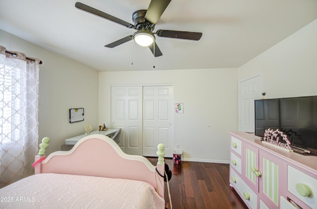 1853 N Rowen Cir, Mesa, AZ 85207 - bedroom with dark wood finished floors, a closet, and a ceiling fan