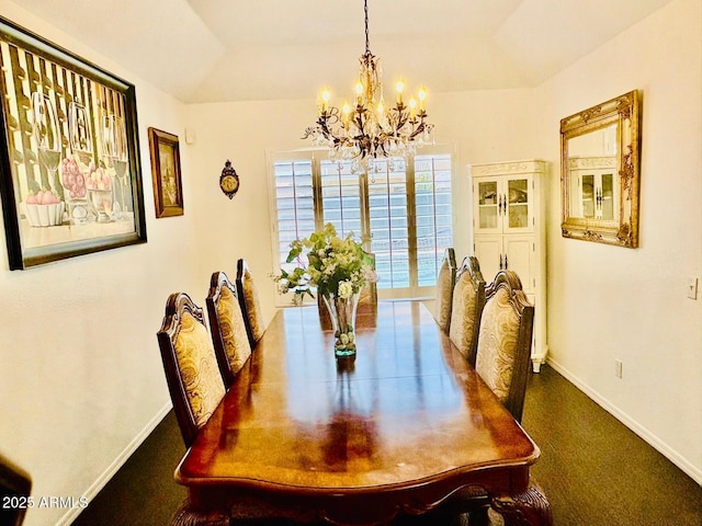 1853 N Rowen Cir, Mesa, AZ 85207 - carpeted dining area featuring a chandelier and baseboards