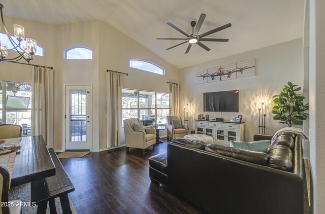 1217 S Longmore Ct, Chandler, AZ 85286 - living room with hardwood / wood-style flooring, ceiling fan, a chandelier, and high vaulted ceiling