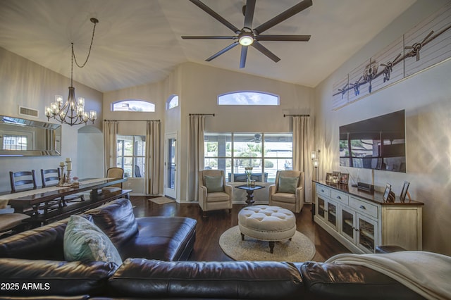 1217 S Longmore Ct, Chandler, AZ 85286 - living room featuring a ceiling fan, high vaulted ceiling, wood finished floors, and a chandelier