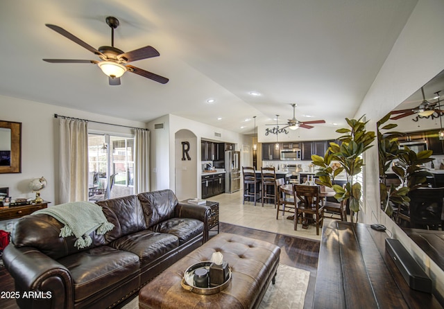 1217 S Longmore Ct, Chandler, AZ 85286 - living area with ceiling fan, lofted ceiling, and light wood-type flooring