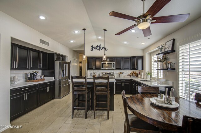 1217 S Longmore Ct, Chandler, AZ 85286 - kitchen featuring stainless steel appliances, a sink, ceiling fan, dark cabinets, and light countertops