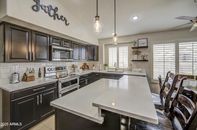 1217 S Longmore Ct, Chandler, AZ 85286 - kitchen with stainless steel appliances, open shelves, a sink, light countertops, and lofted ceiling