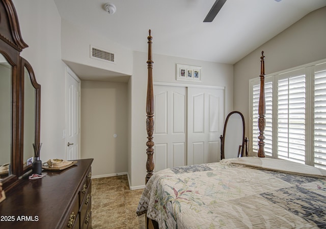 1217 S Longmore Ct, Chandler, AZ 85286 - bedroom with a closet, vaulted ceiling, a ceiling fan, and baseboards