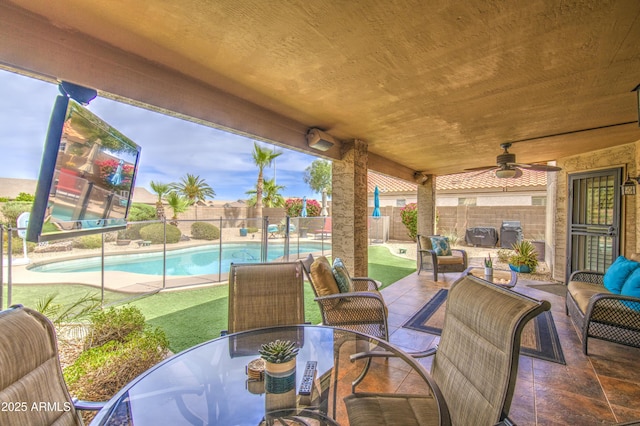 1217 S Longmore Ct, Chandler, AZ 85286 - fenced backyard featuring outdoor dining space, a patio area, ceiling fan, an outdoor living space, and grilling area