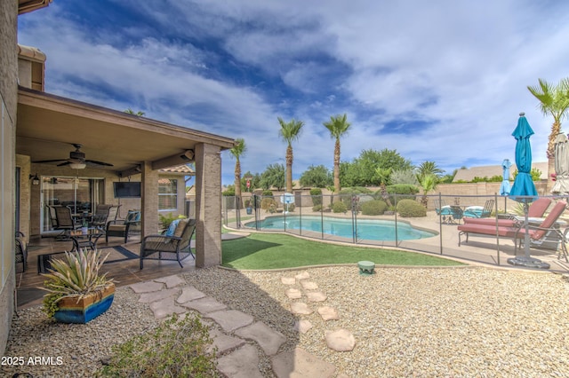 1217 S Longmore Ct, Chandler, AZ 85286 - view of pool featuring ceiling fan, a fenced backyard, and a patio area