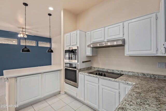 kitchen featuring under cabinet range hood, white cabinetry, stainless steel appliances, a peninsula, and light countertops