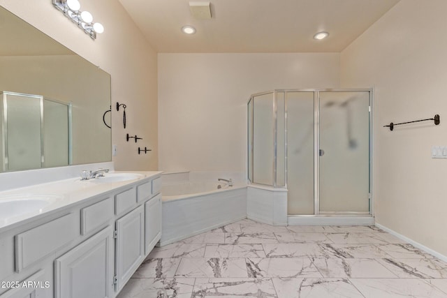 full bath with a garden tub, marble finish floor, a stall shower, a sink, and double vanity