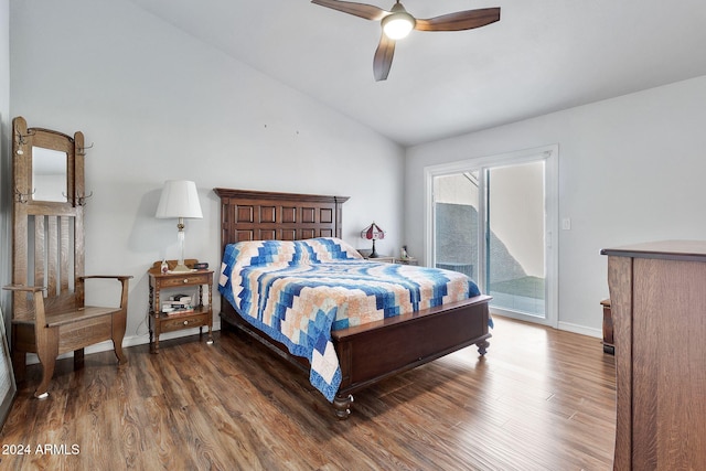 bedroom with ceiling fan, lofted ceiling, dark wood-type flooring, and access to outside