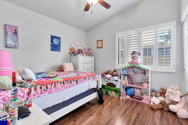 bedroom featuring vaulted ceiling, ceiling fan, and dark wood-type flooring